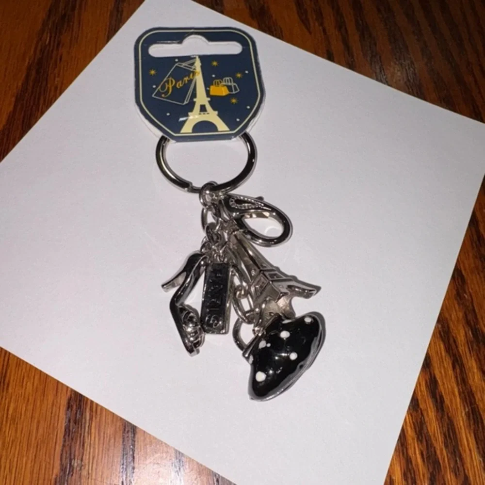 NWT PARIS THEMED SIVER AND BLACK KEY CHAIN WITH CHARMS FROM PARIS.